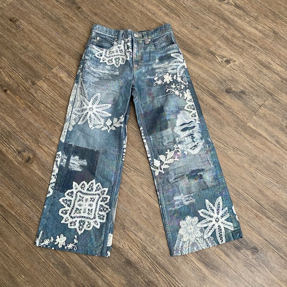 Free People We The Free Tinsley Baggy Iridescent Lace High Rise Jeans 25 - Picture 3 of 12